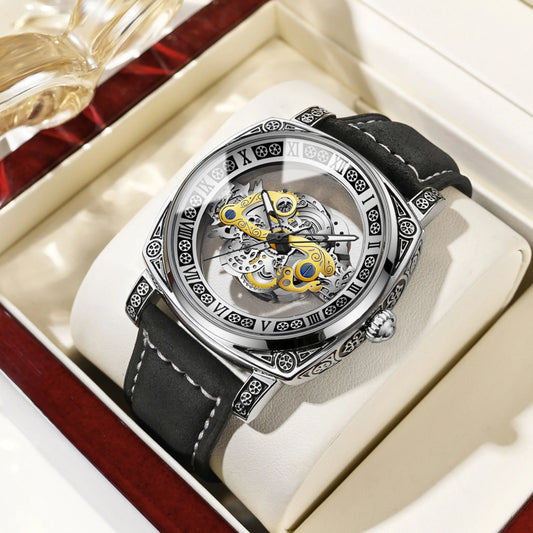 Top Brand Luxury Mens stainless steel Quartz Watch Hollow Dial Design Luminous Pointer Waterproof Leather Strap Mens Watch
