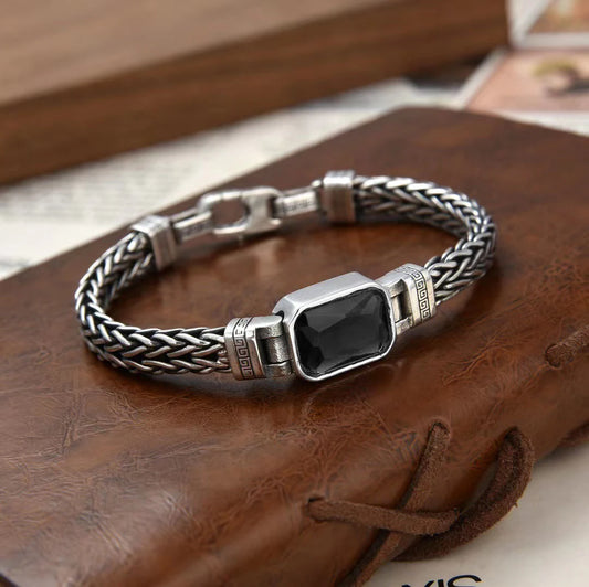 HX Silver Color Couple Style Hand-Knitted Bracelet Old Vintage Black Stone Men Personalized Versatile 5MM Chain Fashion Jewelry